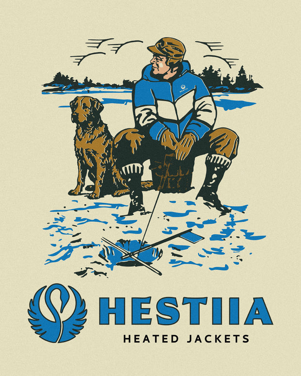 Illustration of a person and dog on a frozen lake with Hestiia heated jackets on and Hestiia logo.