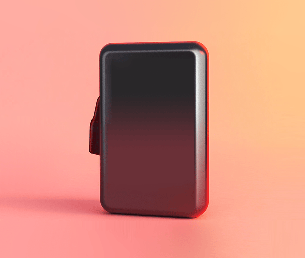 A photograph showing a 7.4V battery standing upright and illuminated.