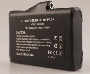 An image of the 7.4V battery showing the Model number, voltage, MAH capacity, and Wattage, with the standard warning label under the word 'Caution'. Warnings are listed as such: Do not connect improperly, Do not dispose in fire or expose to excess heat, Do not crush, puncture, incinerate, or short circuit, Remove battery from garment before washing, Only use the specified charger, and do not short circuit.