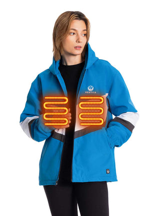 A woman wearing a cobalt blue Hestiia heated jacket with integrated glowing orange heating coils depicting the heating zones on either side of the chest. The jacket has a white and gray sleeve design and a visible Hestiia logo on the left chest.