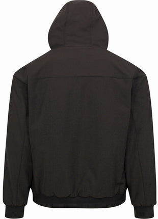 Back of 7K1 dark charcoal Heated Bomber jacket. Hood is up. Ribbed-knit material at the cuffs and waist hemline. 