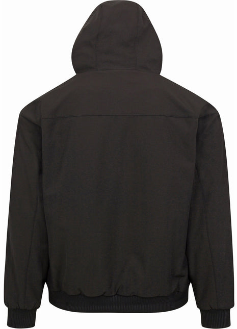Back of 7K1 dark charcoal Heated Bomber jacket. Hood is up. Ribbed-knit material at the cuffs and waist hemline. 
