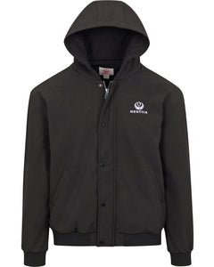 Front view of the 7K1 heated bomber dark charcoal colored jacket with the hood up. The Hestiia logo is white and embroidered on the wearer's left side, near the top of the chest area. Storm flap is snapped up, with the exception of the top button, where you can see the zipper zipped up undernearth. Jacket has ribbed-knit hem at the cuffs and waistline. There are two pockets on the front of the jacket on either side.