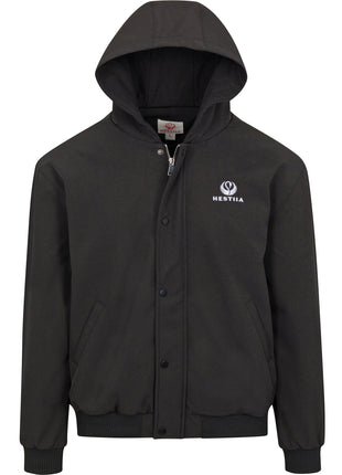 Front view of the 7K1 heated bomber dark charcoal colored jacket with the hood up. The Hestiia logo is white and embroidered on the wearer's left side, near the top of the chest area. Storm flap is snapped up, with the exception of the top button, where you can see the zipper zipped up undernearth. Jacket has ribbed-knit hem at the cuffs and waistline. There are two pockets on the front of the jacket on either side.