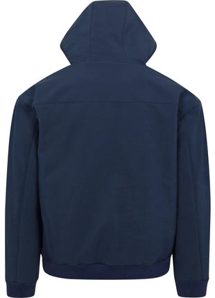 Back of 7K1 dark blue Heated Bomber jacket. Hood is up. Ribbed-knit material at the cuffs and waist hemline. 