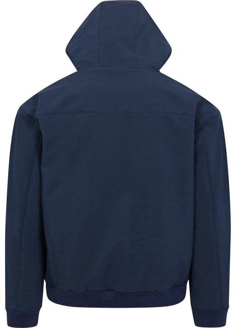 Back of 7K1 dark blue Heated Bomber jacket. Hood is up. Ribbed-knit material at the cuffs and waist hemline. 