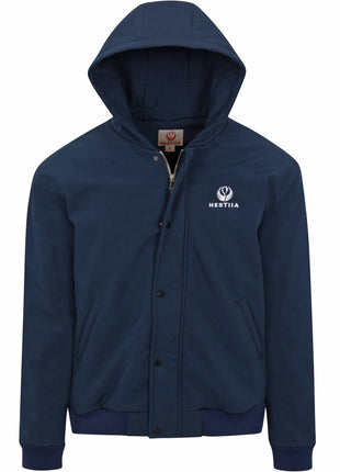 Front view of the 7K1 heated bomber dark blue colored jacket with the hood up. The Hestiia logo is white and embroidered on the wearer's left side, near the top of the chest area. Storm flap is snapped up, with the exception of the top button, where you can see the zipper zipped up undernearth. Jacket has ribbed-knit hem at the cuffs and waistline. There are two pockets on the front of the jacket on either side.