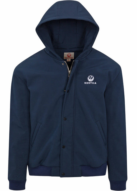 Front view of the 7K1 heated bomber dark blue colored jacket with the hood up. The Hestiia logo is white and embroidered on the wearer's left side, near the top of the chest area. Storm flap is snapped up, with the exception of the top button, where you can see the zipper zipped up undernearth. Jacket has ribbed-knit hem at the cuffs and waistline. There are two pockets on the front of the jacket on either side.