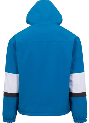 Rear of the 7K2 jacket. Jacket is cobalt blue. Rear of jacket is entirely blue, with no white or grey stripes. Rear of sleeves can be seen, showing the large white stripe just below the center of the sleeve, with a smaller grey stripe just below the large white stripe. Elastic cuffs and bungee waistline hem.