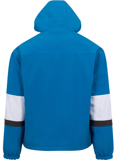Rear of the 7K2 jacket. Jacket is cobalt blue. Rear of jacket is entirely blue, with no white or grey stripes. Rear of sleeves can be seen, showing the large white stripe just below the center of the sleeve, with a smaller grey stripe just below the large white stripe. Elastic cuffs and bungee waistline hem.