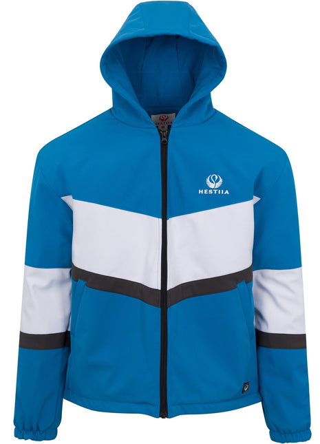 Hestiia 7K2 Heated Jacket front view, showing the hood up, and the jacket zipped up. Hestiia Icon is on the wearer's left side, near the top of the chest area. Jacket is cobalt blue, with a large white stripe across the center of the jacket chest area and across center of the sleeves, with a smaller grey stripe below the white panels. There are two pocket on either side. Heat activation controller with Hestiia icon at wearer's lower left near. Elastic hem at the cuff of the sleeves and bungee waistline hem.