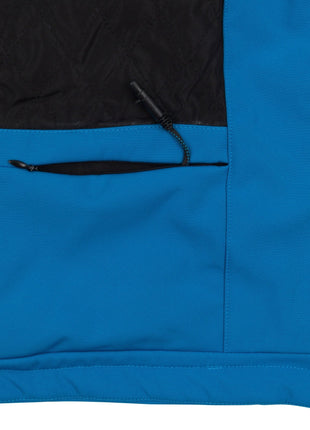 Close up of the interior jacket area on wearer's left side at the lower corner near the zipper. The battery storage pocket can be seen zipped open with the heating system connector wire protruding from the jacket, demonstrating where the small battery pack is stored. Interior quilted lining can be seen.