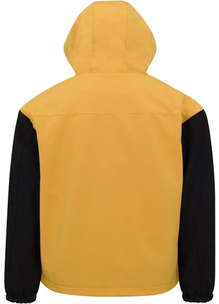 Back of 7K4 amber and black Heated Bomber jacket. Hood is up. Elastic cuffs cuffs. Entire back of jacket and hood is amber. Sleeves are black beginning just below the shoulder.