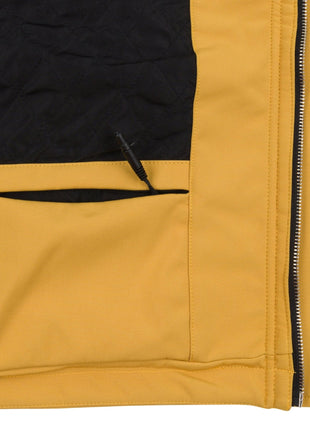 Close up of the interior jacket area on wearer's left side at the lower corner near the zipper. The battery storage pocket can be seen zipped open with the heating system connector wire protruding from the jacket, demonstrating where the small battery pack is stored. Interior quilted lining can be seen.